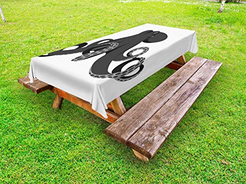 ABAKUHAUS Polpo Tovaglia da Esterno, Animal Style Monochrome, Tovaglia da Picnic Lavabile Decorativa, 145 cm x 210 cm, Bianco e Grigio Scuro