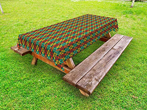 ABAKUHAUS Astratto Tovaglia da Esterno, Piazze Motivo Tradizionale, Tovaglia da Picnic Lavabile Decorativa, 145 cm x 265 cm, Hunter Verde e Multicolore