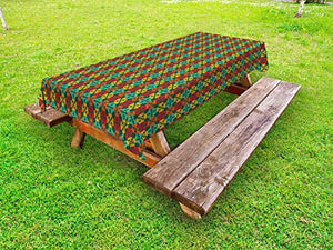 ABAKUHAUS Astratto Tovaglia da Esterno, Piazze Motivo Tradizionale, Tovaglia da Picnic Lavabile Decorativa, 145 cm x 265 cm, Hunter Verde e Multicolore