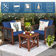 YRRA 3 Pezzi Patio mobili in Vimini Set di sofà all'aperto in Rattan Set W/Cuscino Lavabile e tavolino da caffè Acacia Conversazione con Conversazione Bistro Set per Giardino (Beige)-Blu