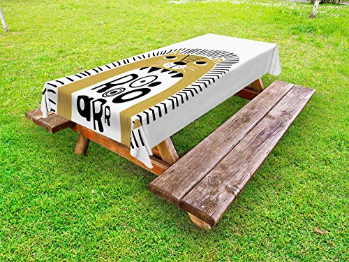 ABAKUHAUS Leone Tovaglia da Esterno, Tipografia Roar Irregolare Form, Tovaglia da Picnic Lavabile Decorativa, 145 cm x 265 cm, Cammello Antracite