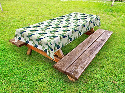 ABAKUHAUS Pavone Tovaglia da Esterno, Struzzo e Monstera Art, Tovaglia da Picnic Lavabile Decorativa, 145 cm x 210 cm, Pale Green Multicolor