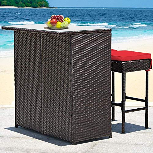 YRRA Patio Bar Set da 3 Pezzi Barra di Vimini in Rattan da 3 Pezzi Set con 2 Cuscini Sgabelli e tavolino in Vetro Set di mobili per Esterni per backyards Patio (Rosso)-Rosso