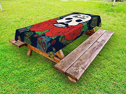 ABAKUHAUS Dia De Los Muertos Tovaglia da Esterno, Cranio con Le Rose, Tovaglia da Picnic Lavabile Decorativa, 145 cm x 305 cm, Multicolore