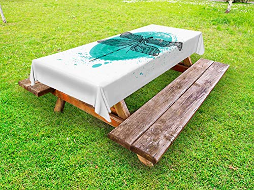 ABAKUHAUS Libellula Tovaglia da Esterno, Dettagliata Line Art Insect, Tovaglia da Picnic Lavabile Decorativa, 145 cm x 305 cm, Seafoam Antracite