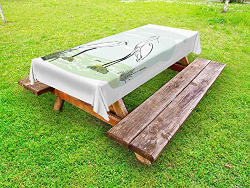 ABAKUHAUS Airone Tovaglia da Esterno, 2 Aironi a Marsh Cartoon, Tovaglia da Picnic Lavabile Decorativa, 145 cm x 210 cm, Pale Blue Pale Green