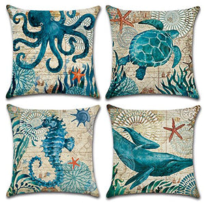 JOTOM Fodera per Cuscino Geometria Alberi Uccelli e Fiori Federa per Divano Famiglia Soggiorno Camera da Letto Decorazione, 45x45cm, Set di 4 Pezzi(Animale Marino 2)