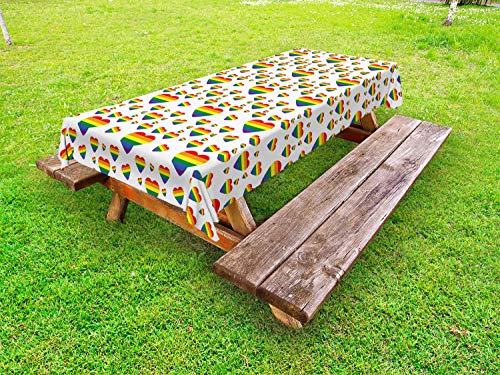 ABAKUHAUS Arcobaleno Tovaglia da Esterno, LGBT Hearts Love is Love, Tovaglia da Picnic Lavabile Decorativa, 145 cm x 265 cm, Giallo Blu e Arancione