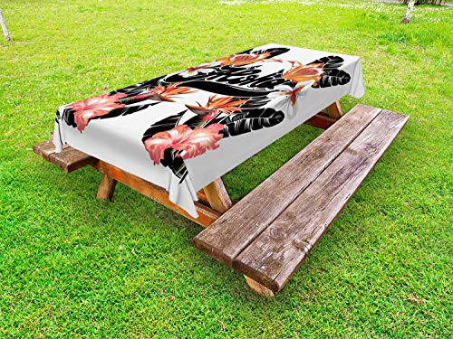 ABAKUHAUS Aloha Tovaglia da Esterno, Calligrafia Fiori Foglie, Tovaglia da Picnic Lavabile Decorativa, 145 cm x 210 cm, Bianco Charcoal Grey