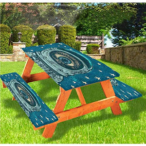 LEWIS FRANKLIN Tenda da doccia Astronauta Picnic Tavolo e Panchina, Tovaglia con bordo elastico Astronauta Eye, 60 x 72 cm, set da 3 pezzi per tavolo pieghevole