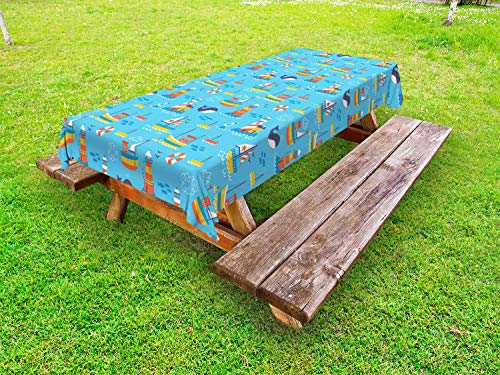 ABAKUHAUS Vita Marina Tovaglia da Esterno, Barche e Faro, Tovaglia da Picnic Lavabile Decorativa, 145 cm x 305 cm, Blue Sky Multicolor