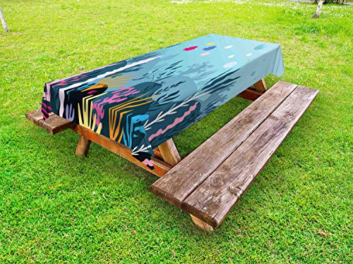 ABAKUHAUS Mare Profondo Tovaglia da Esterno, Alghe Alghe e Corallo, Tovaglia da Picnic Lavabile Decorativa, 145 cm x 305 cm, Cielo Azzurro Multicolor