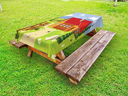 ABAKUHAUS Log Cabin Tovaglia da Esterno, Immagine Chalet a Montagna, Tovaglia da Picnic Lavabile Decorativa, 145 cm x 305 cm, Ceil Blu e Multicolor