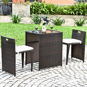 YRRA 3 PCS Outdoor Rattan Set da Pranzo Set da Patio Set di Conversazione del Patio Set di bistrot con tavolino in Vetro temperato Patio Sedia in Vimini Sedia mobili con Cuscini (Marrone)