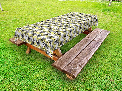 ABAKUHAUS Floreale Tovaglia da Esterno, Blossoms Fiore su Zigzag, Tovaglia da Picnic Lavabile Decorativa, 145 cm x 305 cm, Grigio Scuro e Giallo Verde
