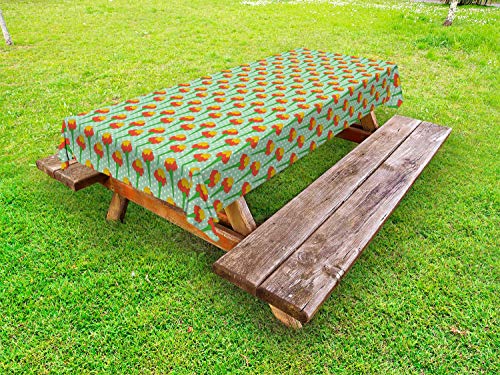 ABAKUHAUS Floreale Tovaglia da Esterno, Ripetitivo Tagetes Fiore, Tovaglia da Picnic Lavabile Decorativa, 145 cm x 265 cm, Vermilion Fern Green