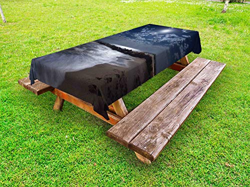 ABAKUHAUS Mare Tovaglia da Esterno, Onde sulla idilliaca Spiaggia di Sabbia, Tovaglia da Picnic Lavabile Decorativa, 145 cm x 265 cm, Blu Ardesia e Dark Taupe