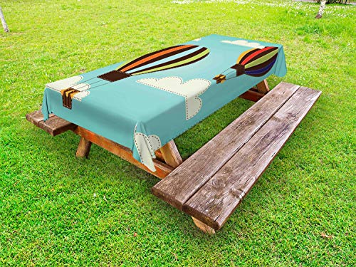 ABAKUHAUS Cielo Tovaglia da Esterno, Palloncini e Nuvole Linee tratteggiate, Tovaglia da Picnic Lavabile Decorativa, 145 cm x 265 cm, Seafoam e Multicolore