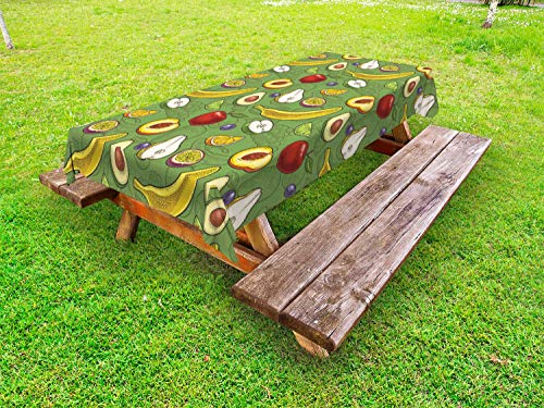 ABAKUHAUS Frutta Tovaglia da Esterno, Mele Avocado Banana Lime, Tovaglia da Picnic Lavabile Decorativa, 145 cm x 265 cm, Verde Multicolore