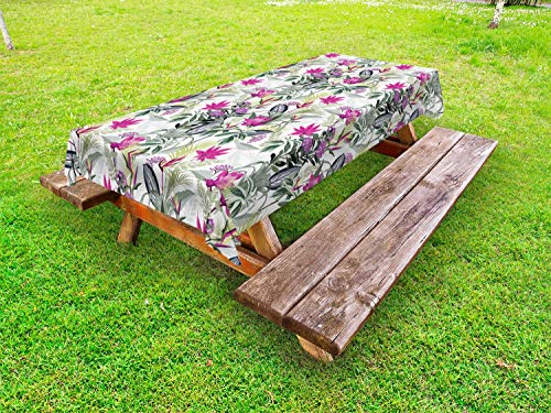 ABAKUHAUS Floreale Tovaglia da Esterno, Fiori con Foglie Appuntite, Tovaglia da Picnic Lavabile Decorativa, 145 cm x 210 cm, Bianco Multicolor