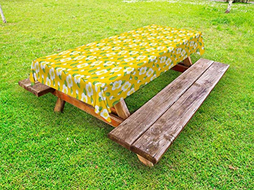 ABAKUHAUS Gelsomino Tovaglia da Esterno, Fiori germogli Foglie su Dots, Tovaglia da Picnic Lavabile Decorativa, 145 cm x 265 cm, Terra Giallo Verde