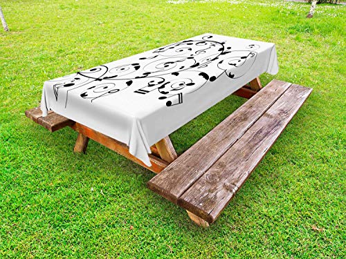 ABAKUHAUS Musica Tovaglia da Esterno, Treble Chef Curlicue Motif, Tovaglia da Picnic Lavabile Decorativa, 145 cm x 305 cm, Bianco Charcoal Grey