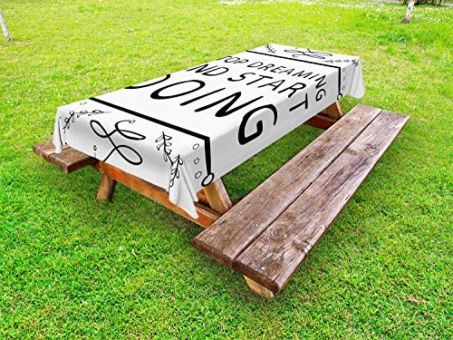 ABAKUHAUS Smettere di Pensare Iniziare a Fare Tovaglia da Esterno, Semplice in Bianco e Nero di Testo, Tovaglia da Picnic Lavabile Decorativa, 145 cm x 265 cm, Bianco e Nero