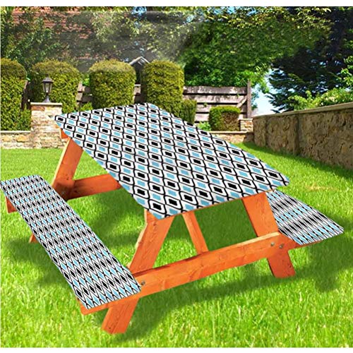 Tovaglia da tavolo e panchina da picnic in stile contemporaneo, con motivo a traliccio ornato, con bordo elastico, 60 x 170 cm, set da 3 pezzi per campeggio, sala da pranzo, all'aperto, parco, patio