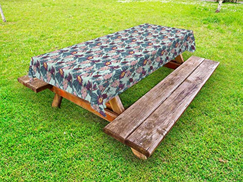 ABAKUHAUS Floreale Tovaglia da Esterno, Fiori Selvatici Cactus Exotica, Tovaglia da Picnic Lavabile Decorativa, 145 cm x 210 cm, Verde Menta e Multicolore