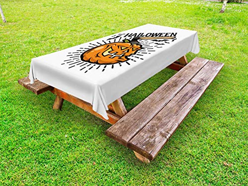 ABAKUHAUS Halloween Tovaglia da Esterno, Zucca Spaventoso con Pipistrelli, Tovaglia da Picnic Lavabile Decorativa, 145 cm x 265 cm, Bianco Arancione Grigio Scuro