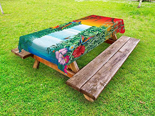 ABAKUHAUS Esotico Tovaglia da Esterno, Tropical Pappagalli Cascata, Tovaglia da Picnic Lavabile Decorativa, 145 cm x 265 cm, Lime Green e Multicolore