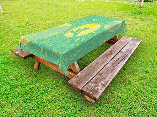 ABAKUHAUS Estratto Surreale Tovaglia da Esterno, Scarabocchio, Tovaglia da Picnic Lavabile Decorativa, 145 cm x 265 cm, Shamrock Verde Giallo