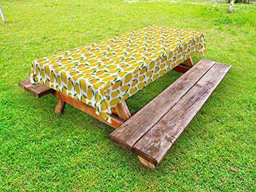 ABAKUHAUS Limoni Tovaglia da Esterno, Colori energici Citrus Art, Tovaglia da Picnic Lavabile Decorativa, 145 cm x 305 cm, Terra Giallo Verde Bianco