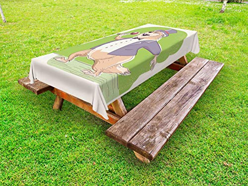 ABAKUHAUS Groundhog Day Collection Tovaglia da Esterno, Marmot Cantante del Fumetto, Tovaglia da Picnic Lavabile Decorativa, 145 cm x 265 cm, Lime Green Mauve ed Ecru