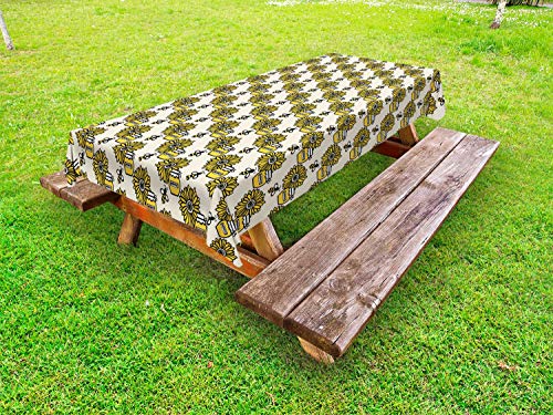 ABAKUHAUS Ape Regina Tovaglia da Esterno, Vasi del Miele e Girasoli, Tovaglia da Picnic Lavabile Decorativa, 145 cm x 210 cm, Senape Taupe