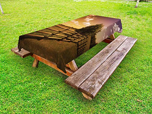 ABAKUHAUS Natura Scena Tovaglia da Esterno, Sky Recinto Rurale Prato, Tovaglia da Picnic Lavabile Decorativa, 145 cm x 210 cm, Mauve Taupe Ambra