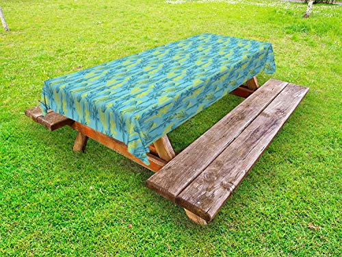 ABAKUHAUS Naturale Tovaglia da Esterno, Astratte Piante asiatiche Motif, Tovaglia da Picnic Lavabile Decorativa, 145 cm x 305 cm, Giallo Pale Blue e Teal