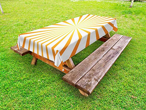 ABAKUHAUS Sunburst Tovaglia da Esterno, Raggi di Sole in Tangerine Toni, Tovaglia da Picnic Lavabile Decorativa, 145 cm x 305 cm, Arancione Bianco