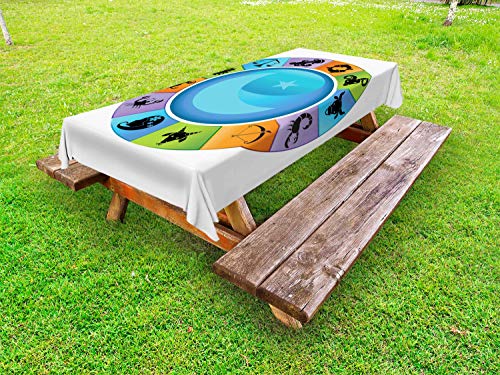 ABAKUHAUS Zodiaco Luna Tovaglia da Esterno, Segni Grafico Digital Art, Tovaglia da Picnic Lavabile Decorativa, 145 cm x 265 cm, Cielo Blu e Multicolore