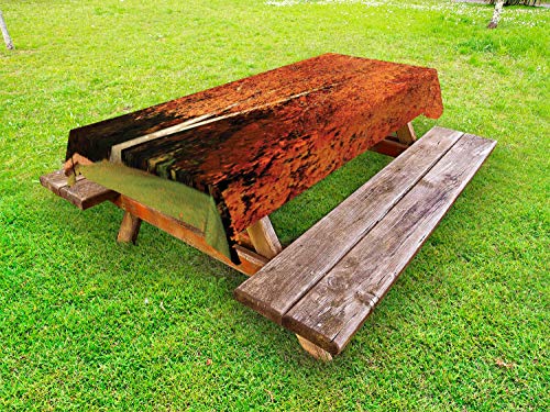 ABAKUHAUS Autunno Tovaglia da Esterno, Albero in Fall Colors, Tovaglia da Picnic Lavabile Decorativa, 145 cm x 305 cm, Arancione Bruciato Olive Green