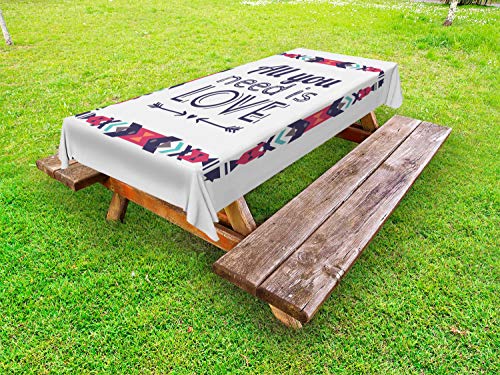 ABAKUHAUS Lettering Tovaglia da Esterno, You Need Amore Formulazione, Tovaglia da Picnic Lavabile Decorativa, 145 cm x 305 cm, Noce di Cocco e Ruby