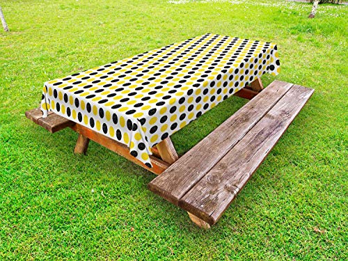 ABAKUHAUS Giallo e Bianco Tovaglia da Esterno, Grungy Rotonda, Tovaglia da Picnic Lavabile Decorativa, 145 cm x 305 cm, Giallo Antracite