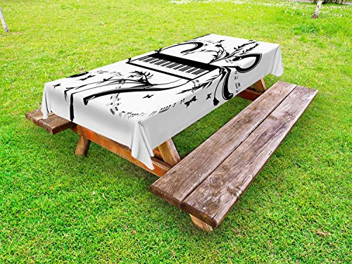 ABAKUHAUS Nota Musicale Tovaglia da Esterno, Vortici raffica Elettronica, Tovaglia da Picnic Lavabile Decorativa, 145 cm x 265 cm, Charcoal Grey Bianco