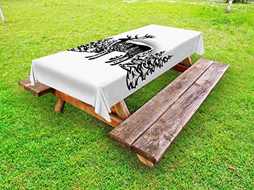 ABAKUHAUS Caccia dei Cervi Tovaglia da Esterno, Renna Abete Foresta, Tovaglia da Picnic Lavabile Decorativa, 145 cm x 210 cm, Charcoal Grey Bianco