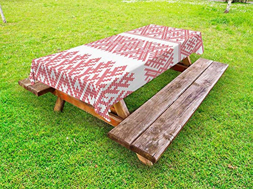 ABAKUHAUS Russo Tovaglia da Esterno, Modello slava Motivi Art, Tovaglia da Picnic Lavabile Decorativa, 145 cm x 210 cm, Vermilion e Bianco