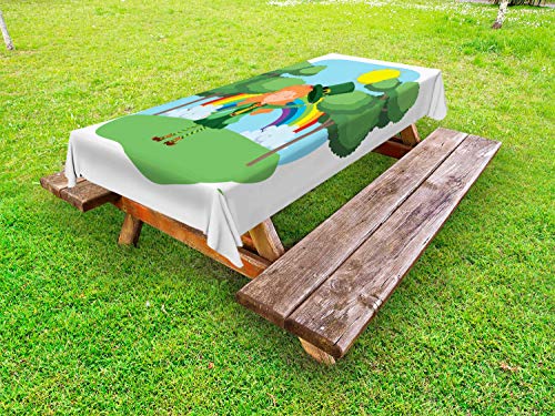 ABAKUHAUS Elfo Tovaglia da Esterno, Ragazza Sun e Un Arcobaleno, Tovaglia da Picnic Lavabile Decorativa, 145 cm x 305 cm, Cielo Azzurro Multicolor