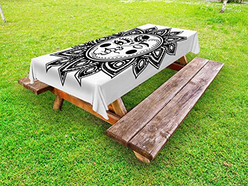 ABAKUHAUS Luna magia Tovaglia da Esterno, Astronomia Sole e Luna, Tovaglia da Picnic Lavabile Decorativa, 145 cm x 210 cm, Charcoal Grey Bianco