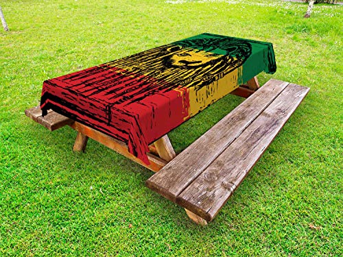 ABAKUHAUS Leone Tovaglia da Esterno, Ritratto Bandiera Rasta Mane, Tovaglia da Picnic Lavabile Decorativa, 145 cm x 265 cm, Green Earth Giallo