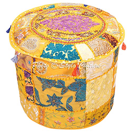Stylo Culture Pouf Round Pouf in Tessuto Poggiapiedi Giallo Patchwork Ricamato Indiano in Cotone Pouf Tradizionale ottomano (18x18x13 Pollici) 45cm