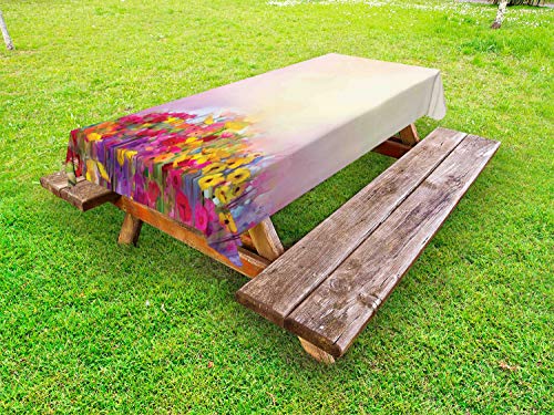 ABAKUHAUS Floreale Giallo Tovaglia da Esterno, Pastel Ombre Prato, Tovaglia da Picnic Lavabile Decorativa, 145 cm x 305 cm, Multicolore